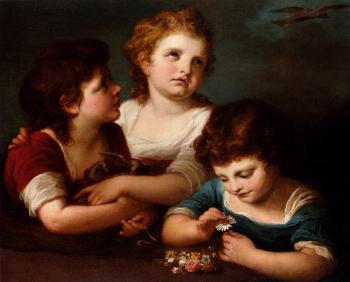 Children With A Birds Nest And Flowers